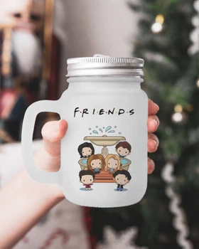 Чашка - банка для коктейлей с трубочкой матовая с принтом Друзья Friends 430 мл (ДР230146)