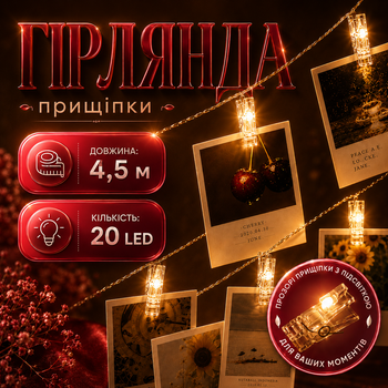 Гирлянда с прищепками для фотографий 4,5 м 20 LED USB с теплым светом для интерьера