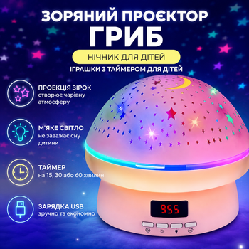 Звездный проектор Гриб с таймером и часами | Детский ночник-проектор звездного неба LED