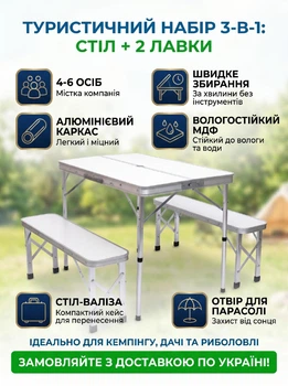Туристичний набір меблів для кемпінгу розкладний стіл для пікніка та 2 лавки комплект складних меблів для природи дачі білий алюмінієвий стіл валіза з отвором для парасолі