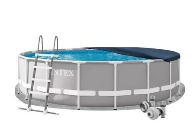 Каркасный бассейн Intex 26732-4в1 круглый на 24311 л из ПВХ и стали с лестницей тентом и подстилкой 549x122 см Серый (9-163-26732-4)