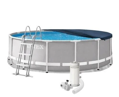 Каркасний басейн Intex 26724 сірий круглий на 14614 л з ПВХ та сталі 457х107 см з підстилкою драбиною тентом та картриджним фільтр-насосом 3785 л/год (9-163-26724)