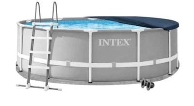 Каркасный бассейн Intex 26726-4в1 серый круглый из ПВХ и стали на 16805 л 457х122 см с подстилкой стремянкой и тентом (9-163-26726-4)