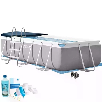 Каркасный бассейн Intex 26784-6в1 серый 300 х 175 х 80 см из ПВХ и стали на 3539 л с подстилкой стремянкой альгениксом хлор таблетками и тентом (9-163-#2026_26784-6)