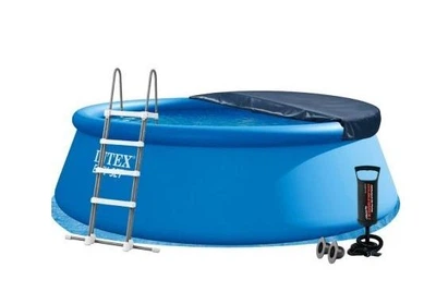 Надувной бассейн Intex 26168-5в1 cиний из ПВХ круглый на 14141 л с подстилкой ручным насосом стремянкой и тентом 457 х 122 см (9-163-26168-5)