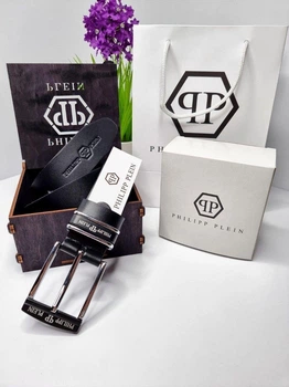 Чоловічий шкіряний брендовий ремень Philipp Plein + коробка в подарунок