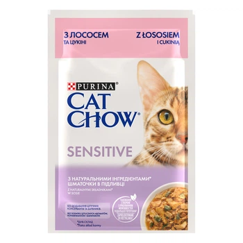 Вологий корм для кішок Purina Cat Chow Sensitive з лососем та цукіні в желе 85г