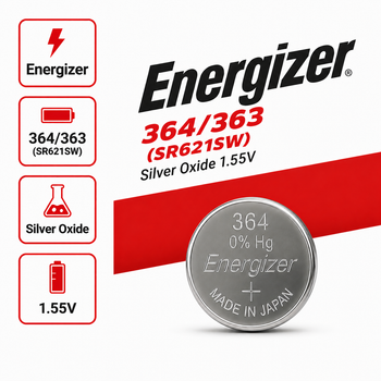 Батарейка Energizer 364 / 363 (SR621SW) Silver Oxide 1.55V для часов и электроники, 1 шт.