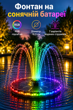 Фонтан на сонячній батареї з RGB підсвіткою 3.5W, 7 насадок, для ставка, басейну та саду