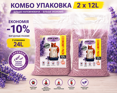 Соєвий наповнювач для котячого туалету TOP CAT - лаванда, Набір 2 шт х 12 л (10 кг)