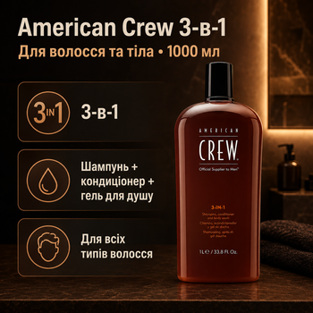 Средство 3-в-1 American Crew 1000 мл шампунь кондиционер и гель для душа для мужчин, очищение волос, тела и кожи головы