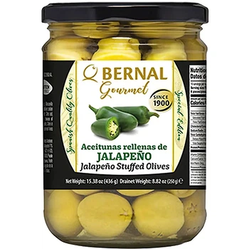 Оливки мариновані з Халапеньйо Bernal Gourmet Jalapeno Olives Бернал Гурман фаршировані Перцем Гострі Зелені Банка 436г