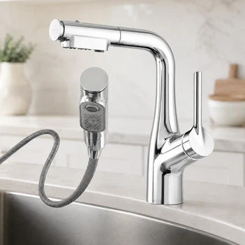 Кухонний змішувач Faucet CR-8428 з висувною лійкою та поворотом 360°. Змішувач для кухні з аератором хром.
