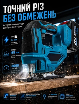Аккумуляторный электролобзик с бесщеточным двигателем и LED подсветкой портативная пила для фигурного реза дерева и металла с двумя аккумуляторами 21В 4Ач