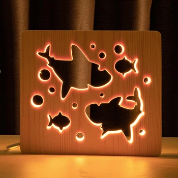 Детский светодиодный ночник ArtEco Light "Две акулы и рыбки" из дерева, с пультом и регулировкой цвета, двойной RGB