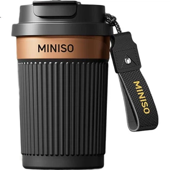 Кавова кружка MINISO, ізольована склянка, високоякісна портативна автомобільна пляшка для води з подвійною соломинкою, магнітна глазур, чорна, 380 мл
