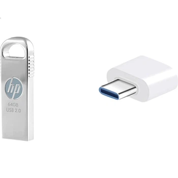 Флеш-накопитель HP 64 ГБ USB 2.0 с адаптером Type-C, V206w, серебристый металлик, миниатюрный USB-накопитель для бизнеса.