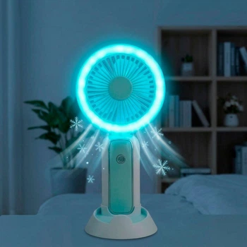 Настольный мини вентилятор с подставкой для телефона и LED подсветкой Mini Portable fan 3W, Голубой (1011154-LightBlue-2)