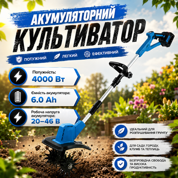 Аккумуляторный культиватор для обработки почвы в саду KRAFFTEC KR-1039 Садовый электрический для прополки 4000 Вт Электрокультиватор для теплицы и огорода