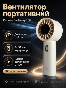 Вентилятор портативный аккумуляторный Remzona Fan Breezy 3.5W ручной беспроводной на аккумуляторе HMF-01WT бежевый