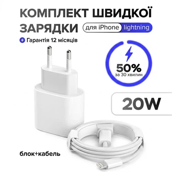 Комплект швидкої зарядки для Apple iPhone, мережевий адаптер 20W з роз'ємом USB-C (Type-C) та кабель зарядки USB-C to Lightning A2347