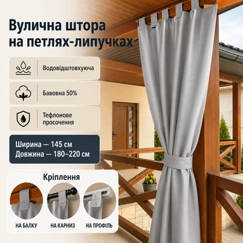 Вулична штора на петлях-липучках / тефлонове просочення / 145 × 180–220 см, сірі світлі