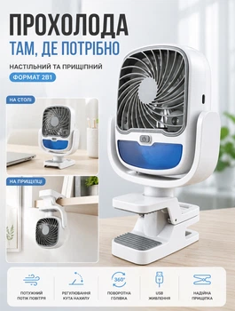 Міні вентилятор настільний зі зволожувачем і прищіпкою портативний кондиціонер акумуляторний USB Type-C з поворотом 360 градусів