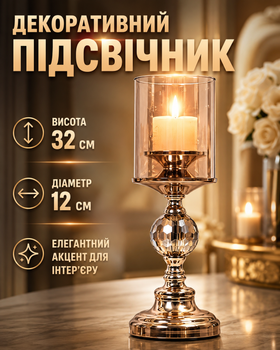 Подсвечник декоративный для толстых свечей под золото 32 см диаметр 12 см стеклянный колпак металлическое основание хрустальный акцент подсвечник настольный для интерьера гостиной спальни праздничной сервировки и декора стола (338513)