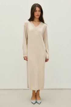 Жіноча тепла сукня з V-подібними вирізом RicaMare L-XL Бежевий (RM4298-25DD---2604)