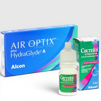 Комплект контактные линзы для зрения гидрогелевые Air Optix Plus Hydraglyde + Увлажняющие капли для глаз Systane Ultra 3 мл срок до 11.2026 -0.75