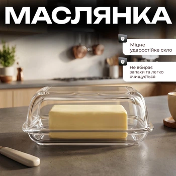 Стеклянная масленка с крышкой 17 см, емкость для сливочного масла, контейнер для хранения масла