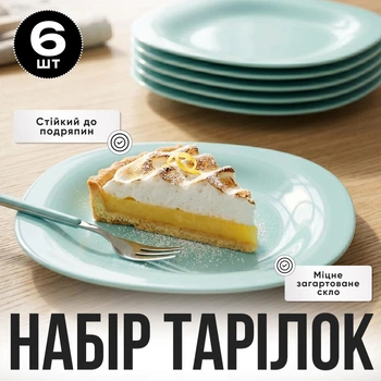 Десертні тарілки із загартованого скла 19 см, набір 6 шт, бірюзові
