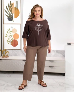 Жіночий костюм з принтом (футболка+брюки) Uaclothes 50-52 Коричневий (like38518-189521358)