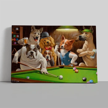 Интерьерная картина Собаки играют в бильярд, Артур Сарнофф, Arthur Sarnoff, Dogs Playing Pool, 28×42 см (id4196)
