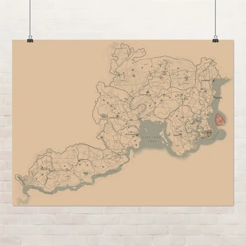 Постер Карта игрового мира РДР2, Red Dead Redemption 2, RDR 2, плакат для геймера, A1 60×80 см (id3440)