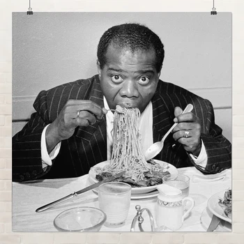 Постер Луи Армстронг ест спагетти, Louis Armstrong, jazz, джаз, постер музыканта, A3 30×30 см (id1740)