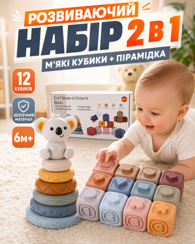 Дитячий розвиваючий силіконовий набір сортер для малюків подарунок м'які кубики зі звуком коала піраміда 12 кубиків різнокольоровий (338691)