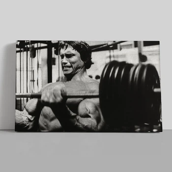Интерьерная картина Арнольд Шварценеггер, тренировка со штангой, Arnold Schwarzenegger (1975), бодибилдер, 26×42 см (id0447)