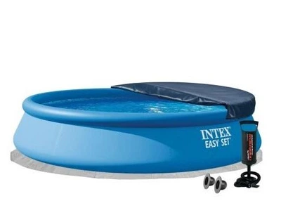 Надувний басейн Intex 28158-4в1 cиній з ПВХ круглий на 9792 л з підстилкою тентом та ручним насосом 457х84 см (9-163-28158-4)