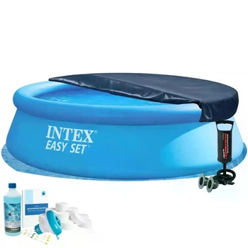 Надувной бассейн Intex 28130-6в1 синий из ПВХ круглый на 5621 л с подстилкой ручным насосом альгениксом хлором в таблетках и тентом 366 х 76 см (9-163-#2026_28130-6)