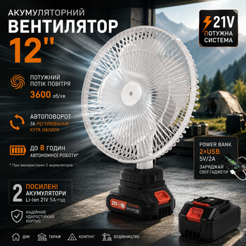Аккумуляторный напольный вентилятор VAP-12 12″ с автоповоротом, 2 аккумуляторами 21V 5 Ач и функцией Power Bank