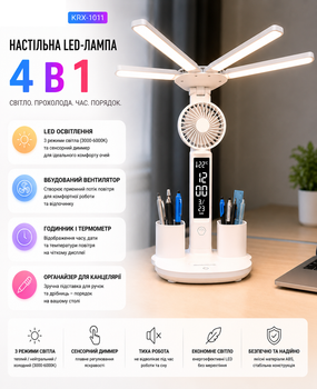 Настольная светодиодная LED лампа MD17669 Мультифункциональный светильник 4 в 1 KRX-1011 с вентилятором часами и термометром Сенсорная лампа с органайзером 1200 мАч Аккумуляторный USB светильник для рабочего стола школьника и офиса