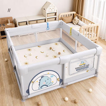 Дитячий ігровий манеж Terrio Dinosaur S 120×120 см сірий для малюків, з ручками та 60 кольоровими м’ячиками