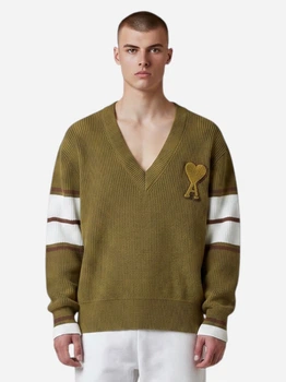 Пуловер мужской Ami Paris V-Neck Heart Logo Striped Knit Sweater AP07001.3XL XL Хаки (396556914816)