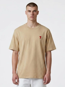 Футболка хлопковая длинная мужская Ami Paris Ami De Coeur Classic Fit T-Shirt AP12001.5L L Бежевая с вышивкой (396556914833)
