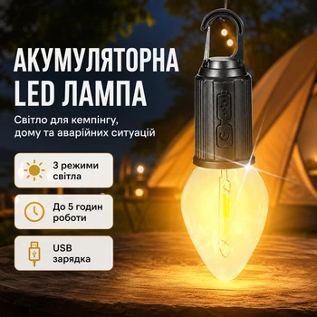Лампочка акумуляторна для кемпінгу лампа світлодіодна LED 3 режими свічення світильник з гачком ліхтар портативний BRS