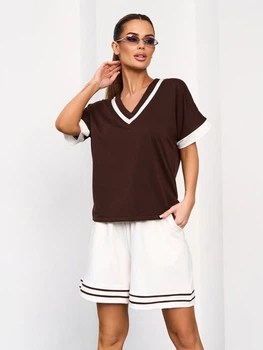 Летний трикотажный повседневный костюм с шортами и футболкой ISSA PLUS 15743 S темно-коричневый (issa2007682835584)