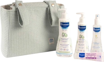 Zestaw kosmetyków dla dzieci Mustela Mint Trolley Żel do kąpieli 500 ml + Mleczko do ciała 300 ml + Krem ochronny 50 ml + Woda odświeżająca do stylizacji 200 ml + Torba (8436034154563)