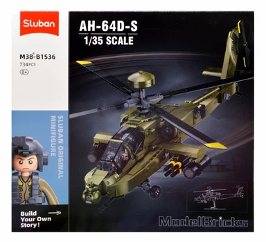 Конструктор блочный Sluban вертолёт AH-64D-S Apache 734 детали 2 фигурки M38-B1536