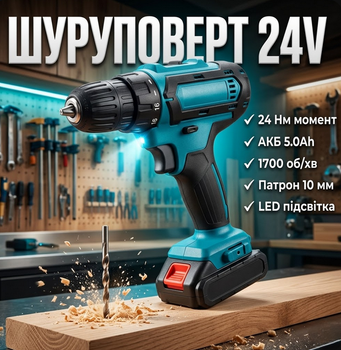 Акумуляторний шуруповерт 24V 5.0Ah 24 Нм двошвидкісний з АКБ, набором біт та кейсом
